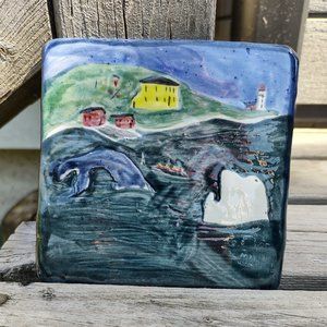 Folk Art Hand Painted Tile - Newfoundland Whaling Scene